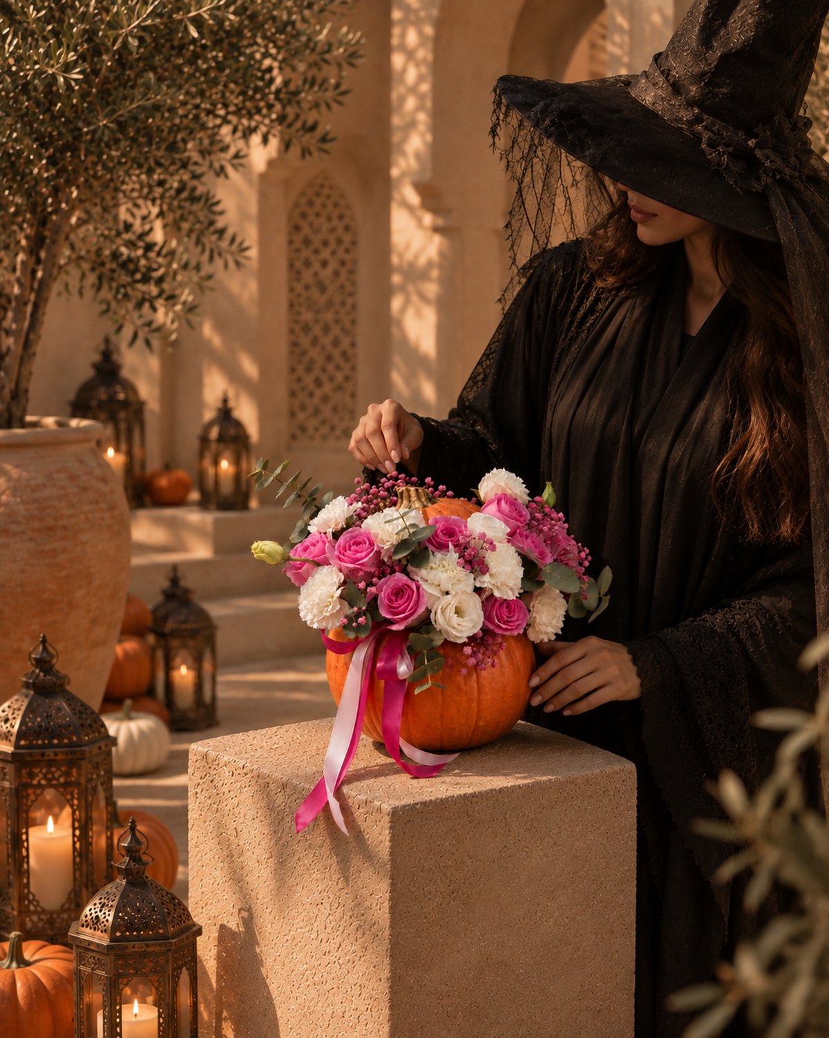 Candy Muncher pink rose pumpkin arrangement styled in a lantern-lit courtyard for Halloween