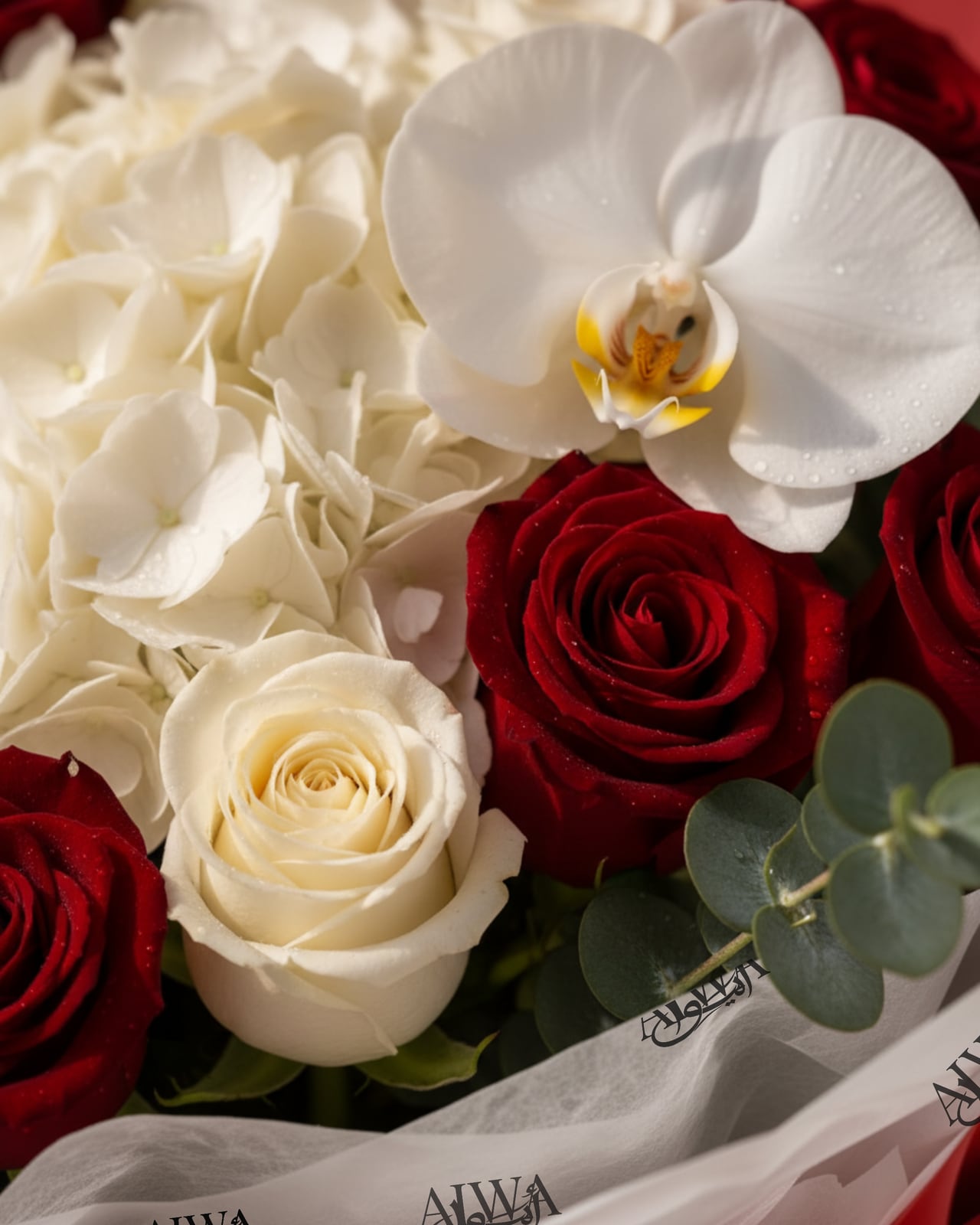 Close-up of red roses, white roses and orchids by AIWA Flowers Dubai