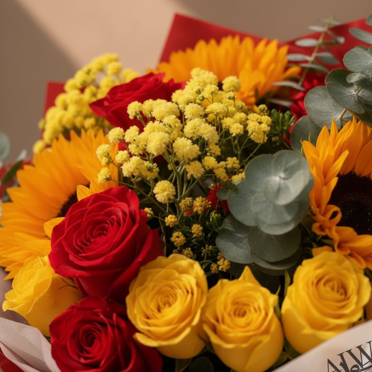 Close-up of sunflowers, red and yellow roses by AIWA Flowers Dubai