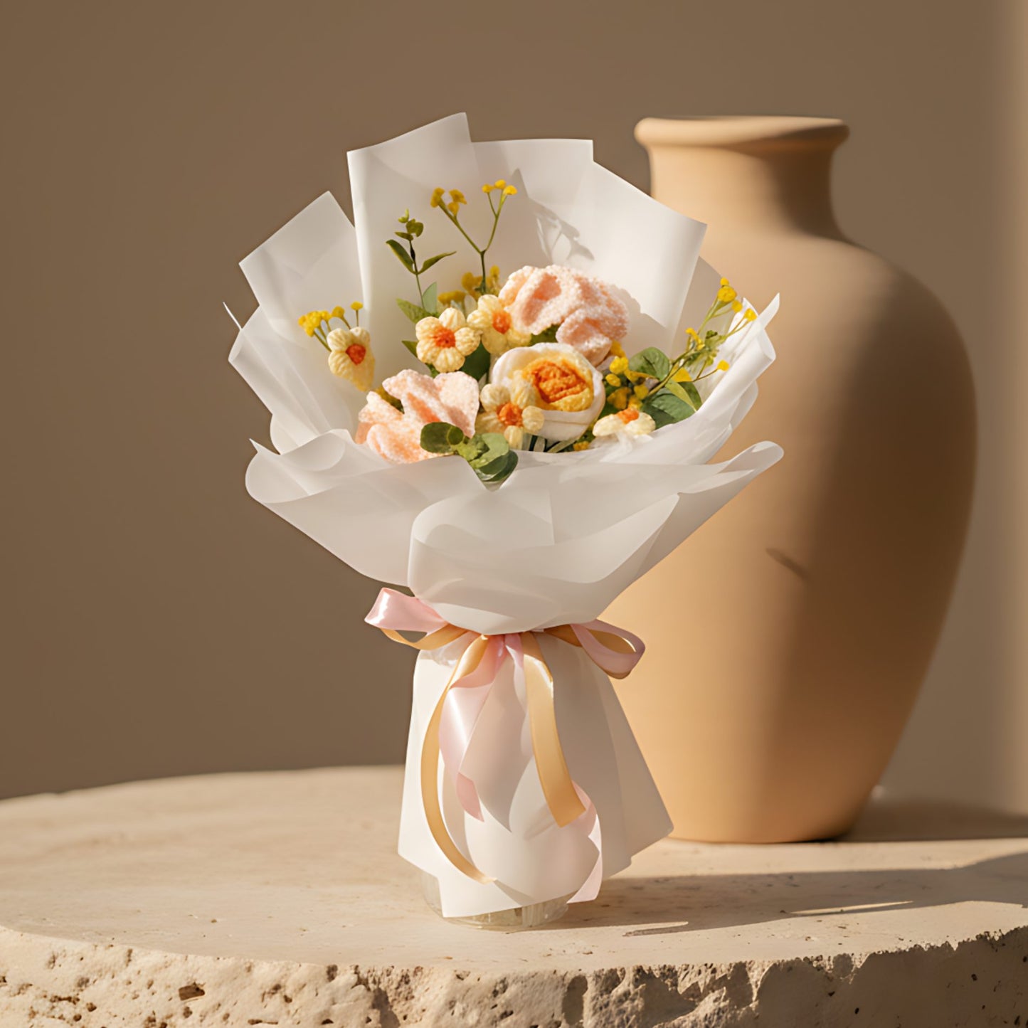 Golden Bond hand-tied crochet flower bouquet in white wrap by Aiwa Flowers