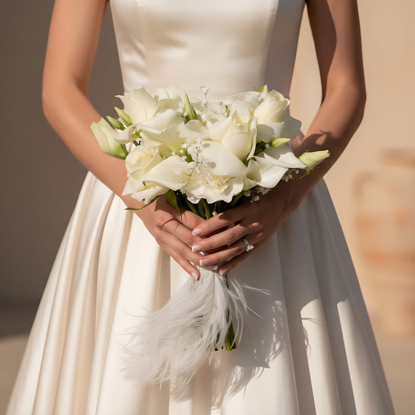 Heaven bridal bouquet with white roses, calla lily, lisianthus, gypsophila and feather accents by Aiwa Flowers