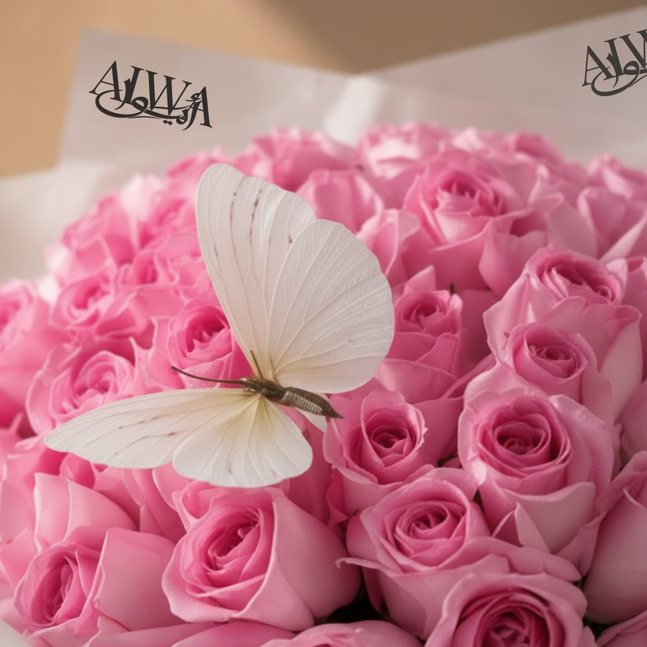 Close-up of pink roses with a white butterfly by AIWA Flowers Dubai