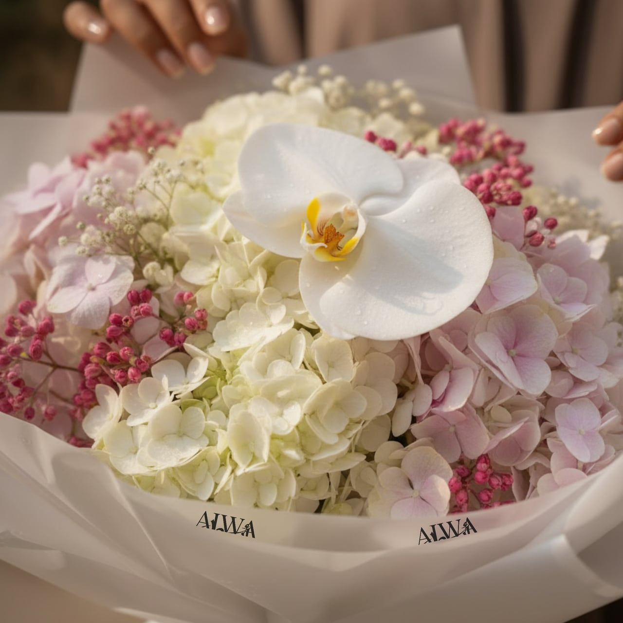 Close-up of white orchid and pink hydrangea by AIWA Flowers Dubai