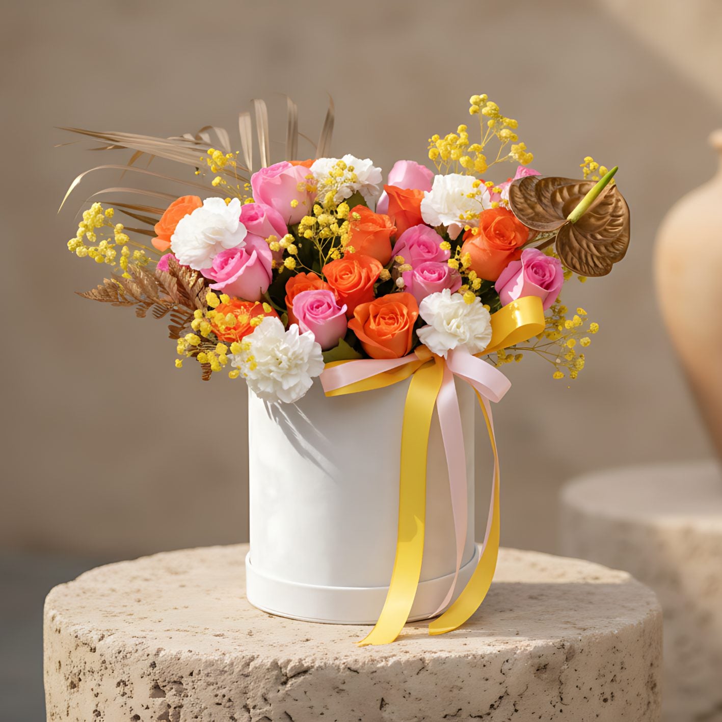 Mania white velvet flower box with pink and orange roses, white carnations, yellow gypsophila and gold accents