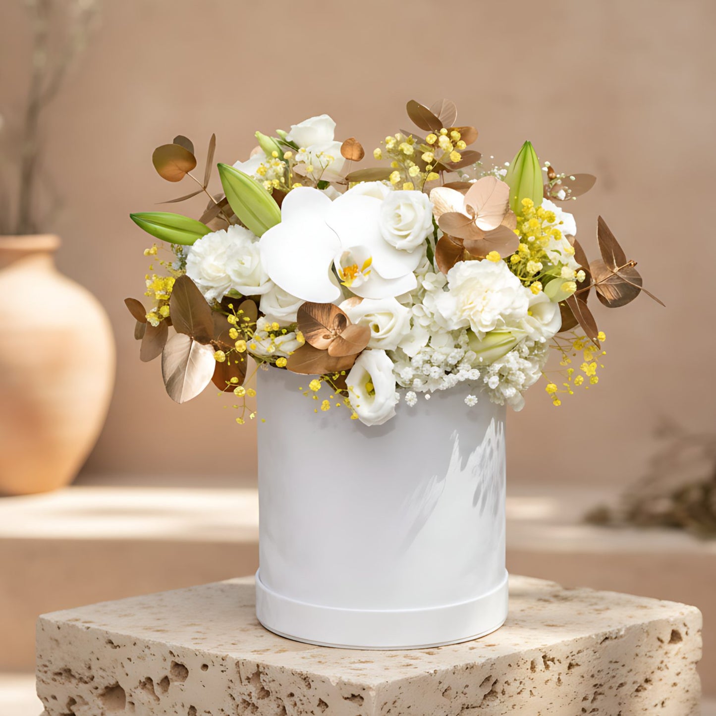 Monet white velvet flower box with white lilies, orchid, hydrangea, lisianthus and soft gypsophila