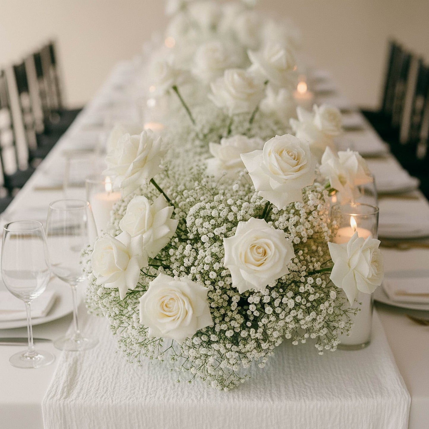 Aiwa Cloud Table Centerpiece — white roses & gypsophila long table runner | luxury Eid Al Adha 2026 Dubai UAE