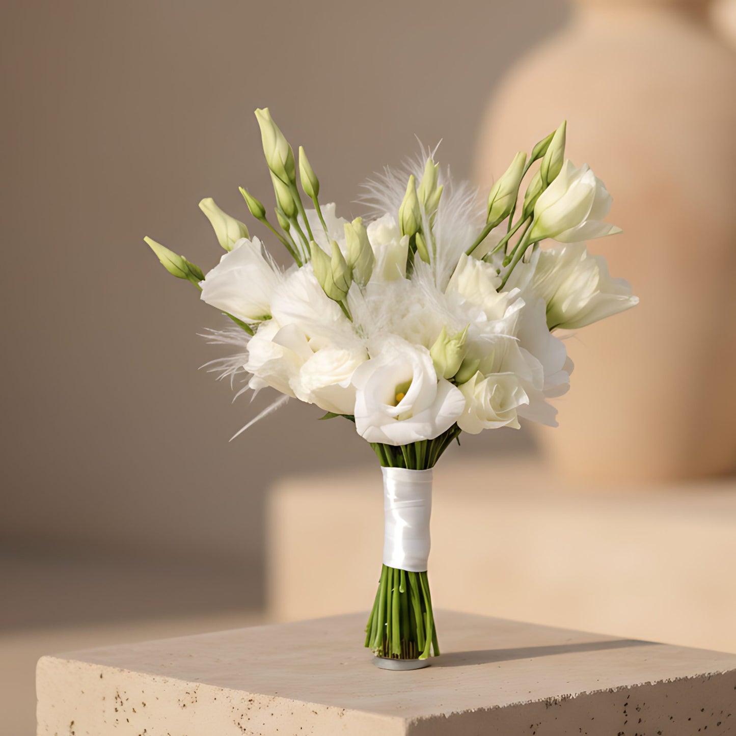Paradise bridal bouquet with white lisianthus and feather accents by Aiwa Flowers