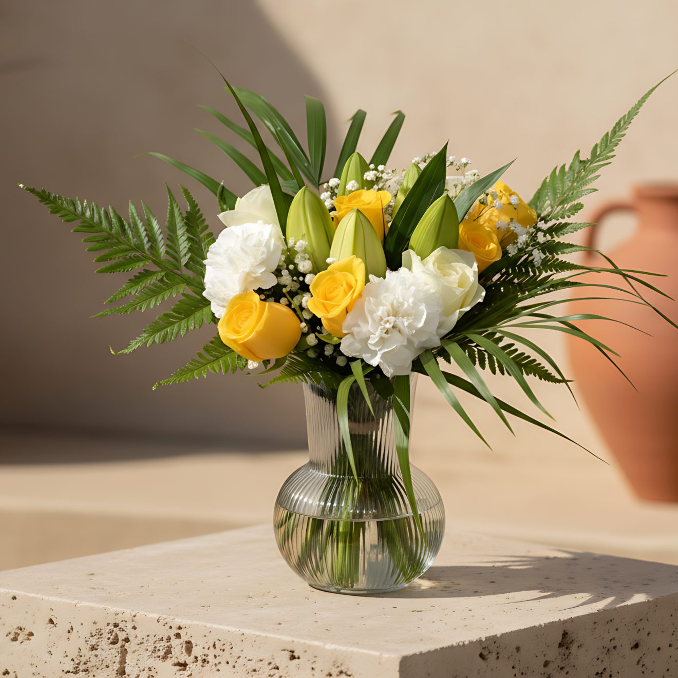 Penelope arrangement with yellow and white roses, lilies, carnations and greenery in a clear glass vase