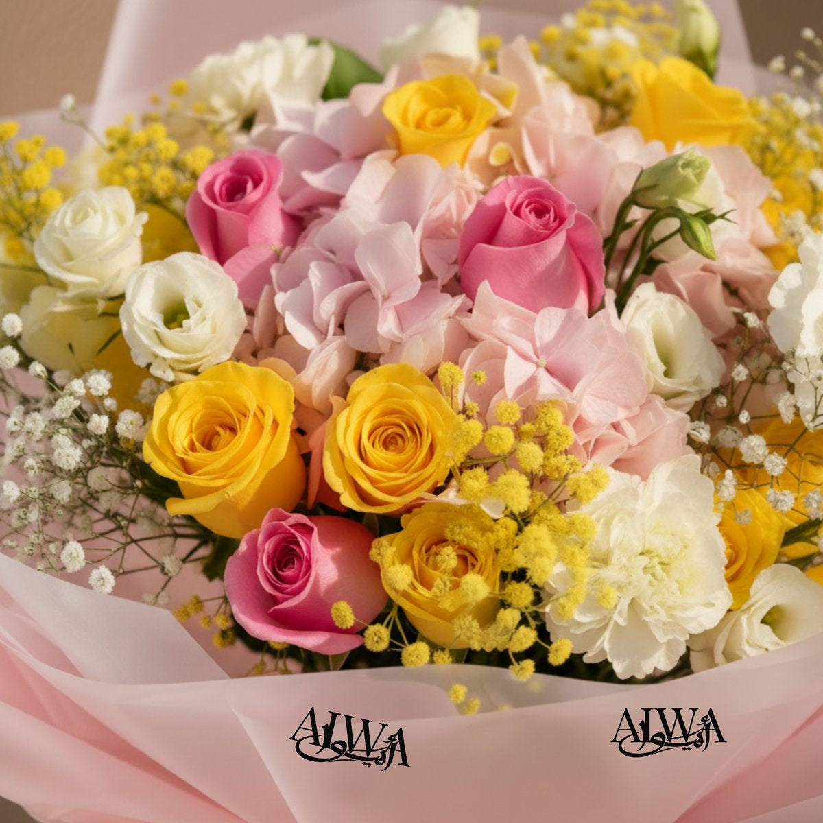 Close-up of pink and yellow roses, pink hydrangea and gypsophila by AIWA Flowers