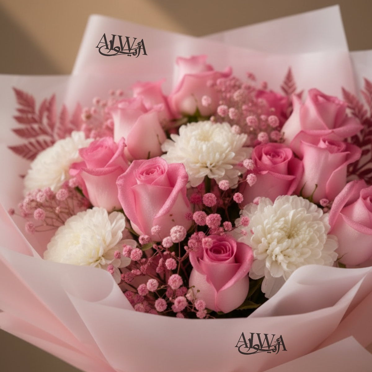 Princess pink rose and white carnation bouquet with pink ribbon in pink wrap by AIWA Flowers