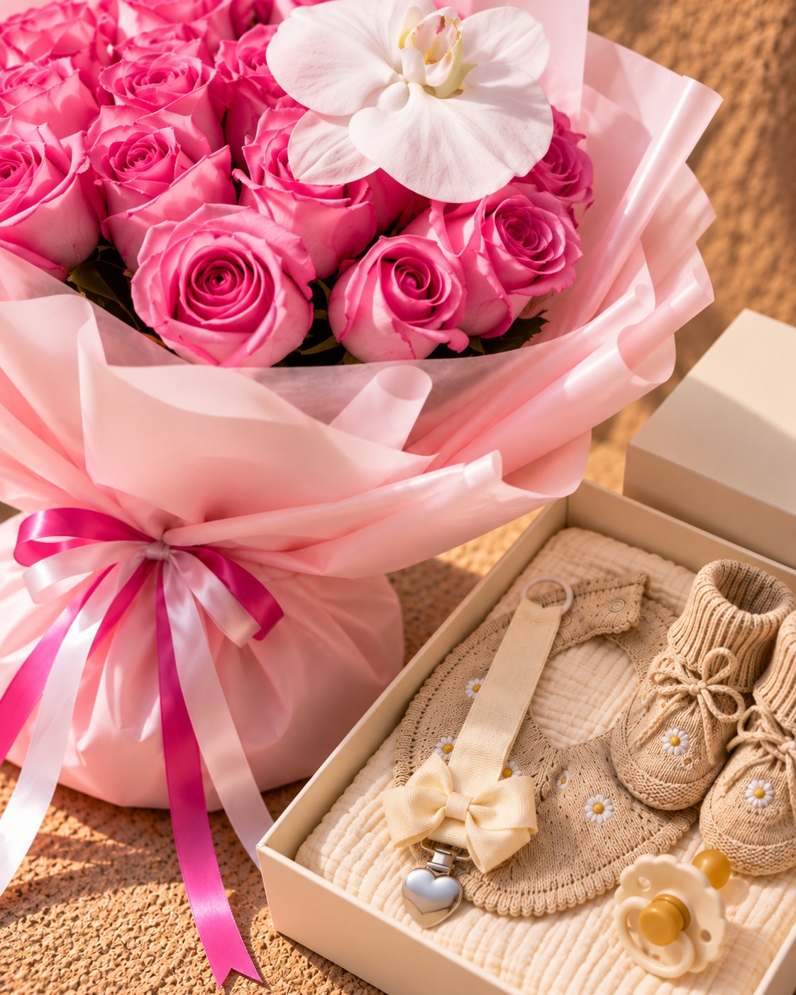 Rosabelle pink roses and white orchid bouquet with a baby girl gift box by AIWA Flowers Dubai
