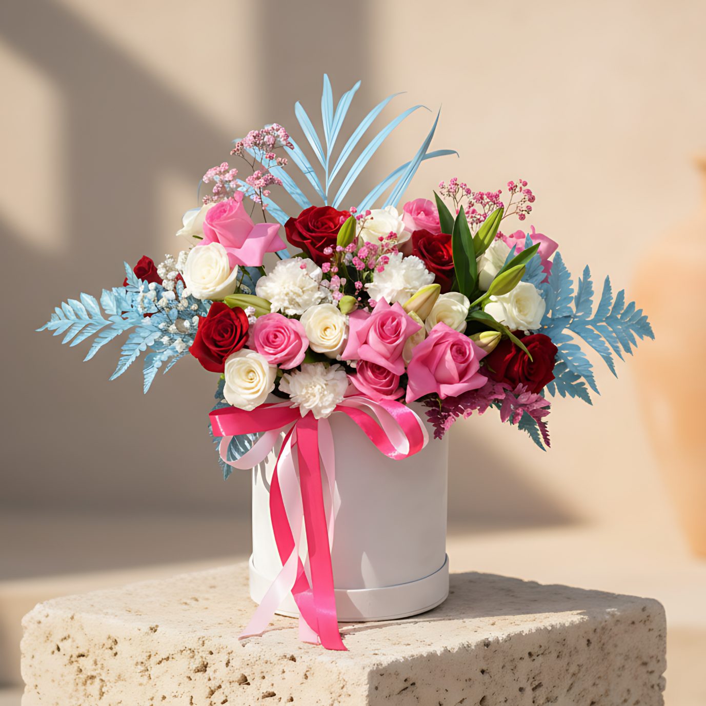 Roseum flower box with pink, white and red roses, lilies, carnations and gypsophila in a white velvet box