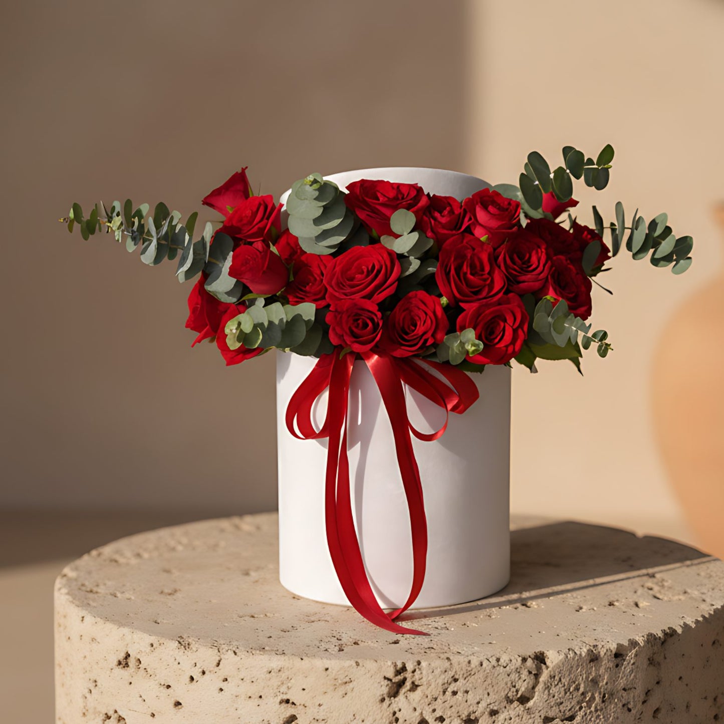 Royal Love white velvet flower box with 20 to 30 fresh red roses and eucalyptus