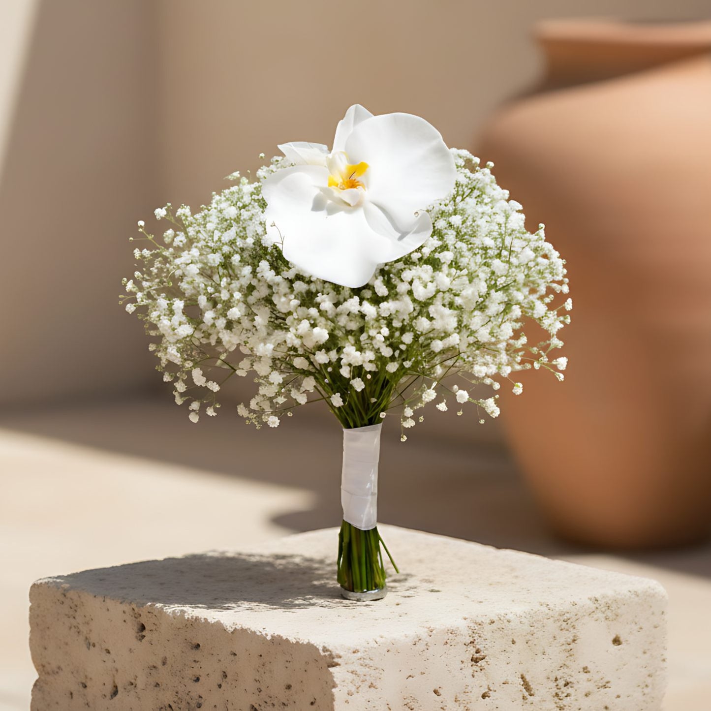 Serenade bridal bouquet with white orchid and gypsophila by Aiwa Flowers
