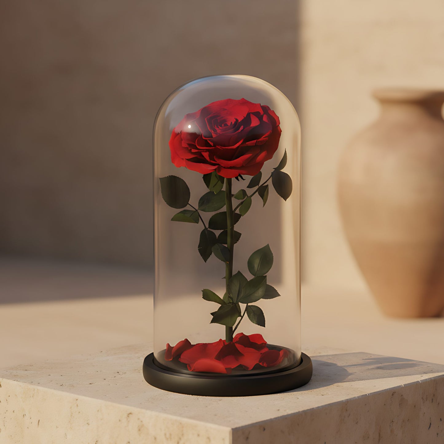 Single large red preserved infinity rose in clear glass dome by Aiwa Flowers