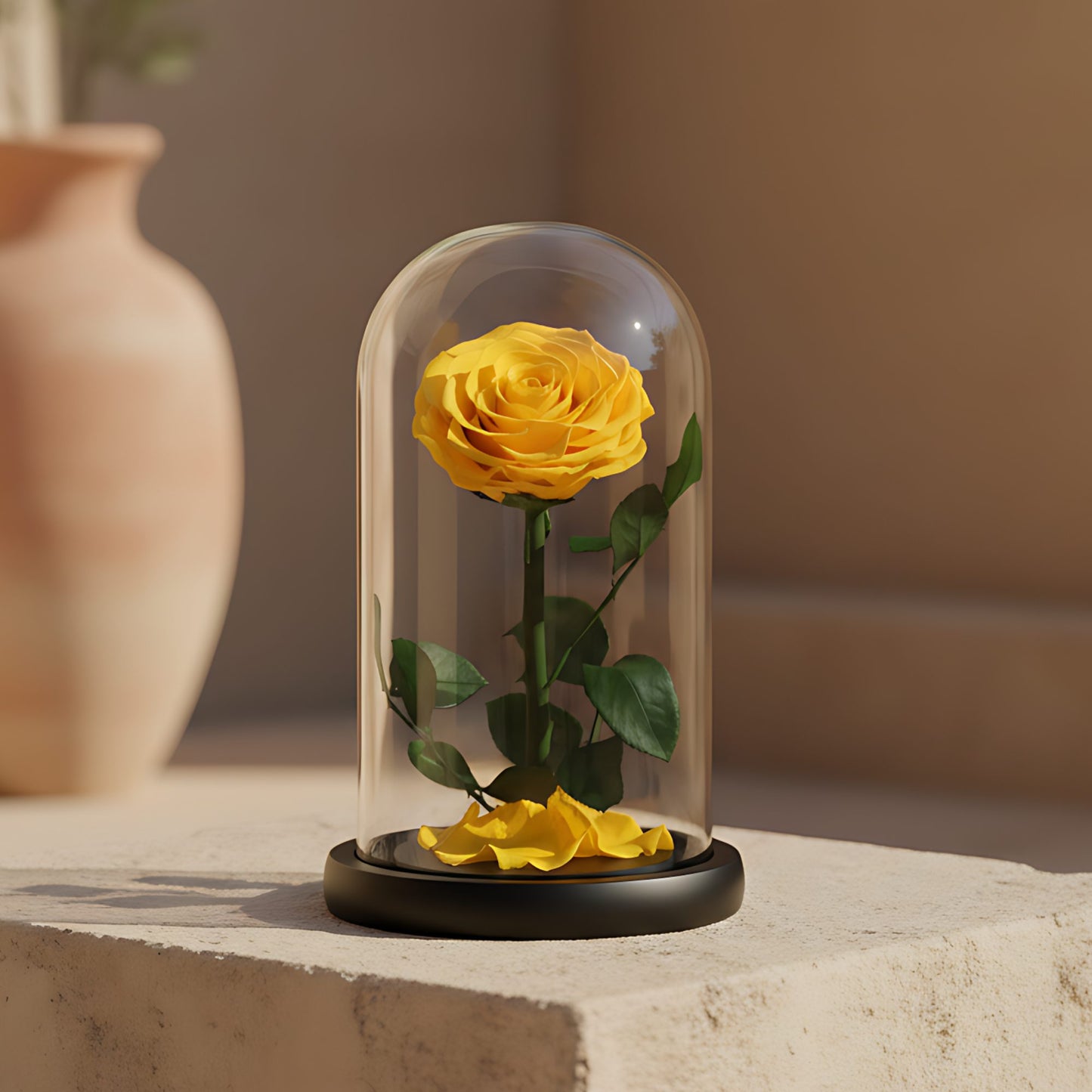Single yellow preserved infinity rose in clear glass dome by Aiwa Flowers