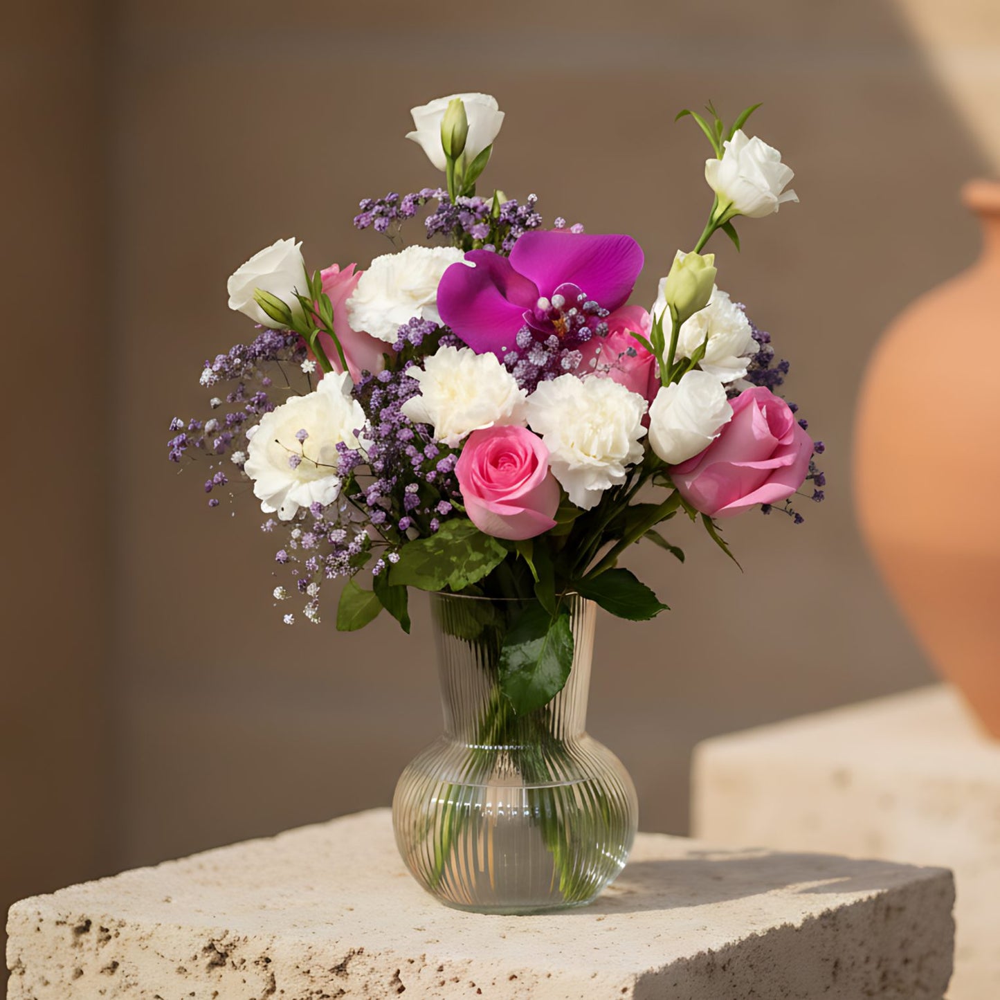 Sophia arrangement with pink roses, white carnations, lisianthus, purple orchid and gypsophila in a clear glass vase