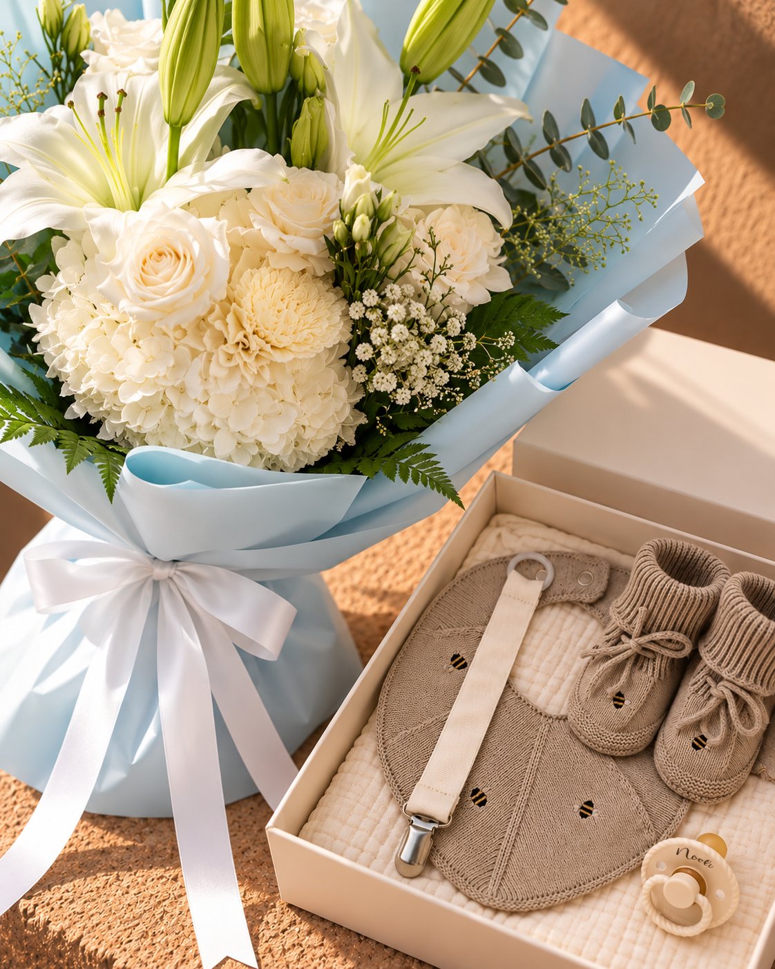 Spring Fling newborn gift set with bee knit bib, booties, pacifier and clip beside a white bouquet