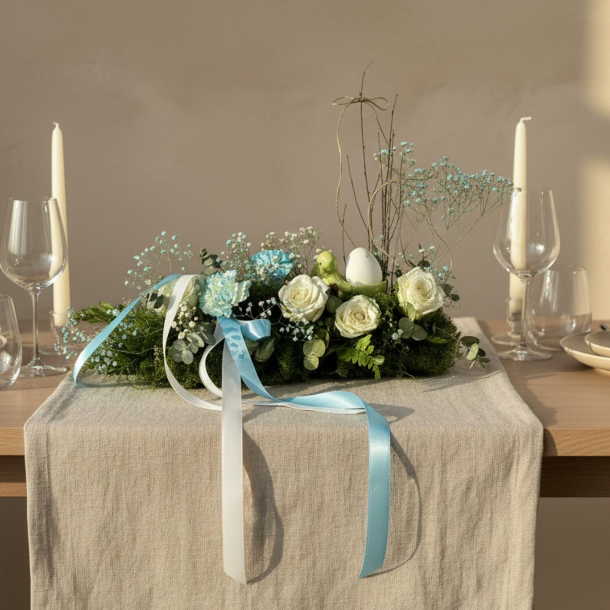 Easter table setting with floral centerpiece featuring white roses, blue ribbons, and bunny decoration, modern spring styling