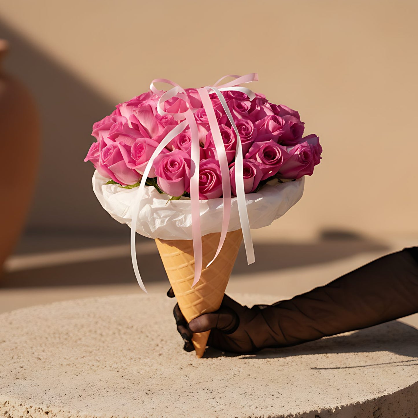 Strawberry Ice Cream hand-tied bouquet of 45 pink roses in ice cream cone wrapping by Aiwa Flowers