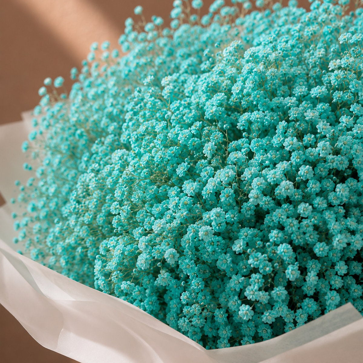 Close-up of Tiffany-blue gypsophila baby's breath bouquet by AIWA Flowers