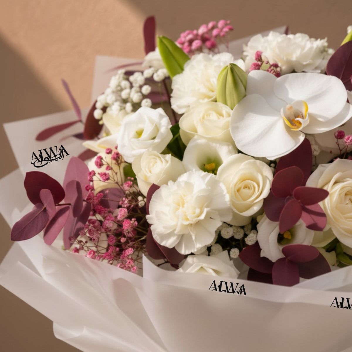 Close-up of white roses, phalaenopsis orchid & pink gypsophila with burgundy leaves - AIWA Flowers