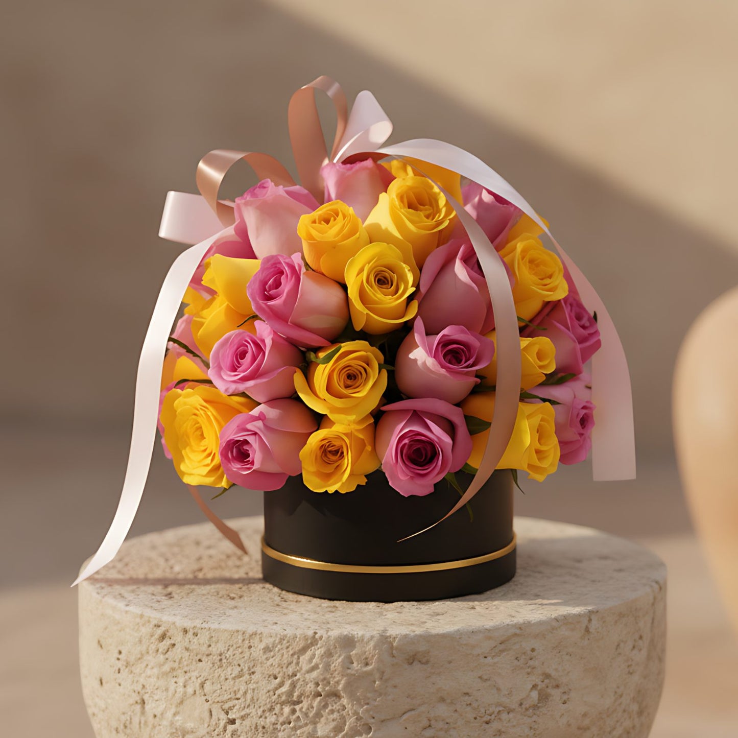 Warm Embrace black flower box with pink and yellow roses