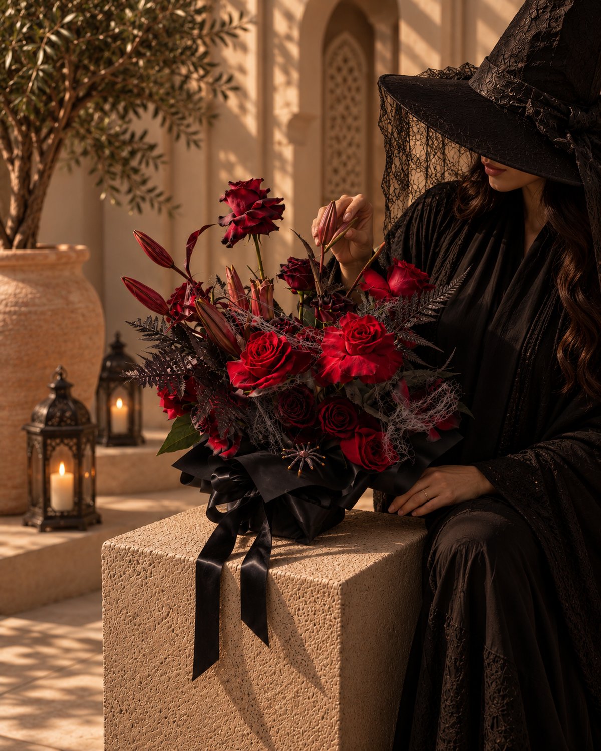Wicked Blooms red rose Halloween bouquet styled beside a woman in a witch hat