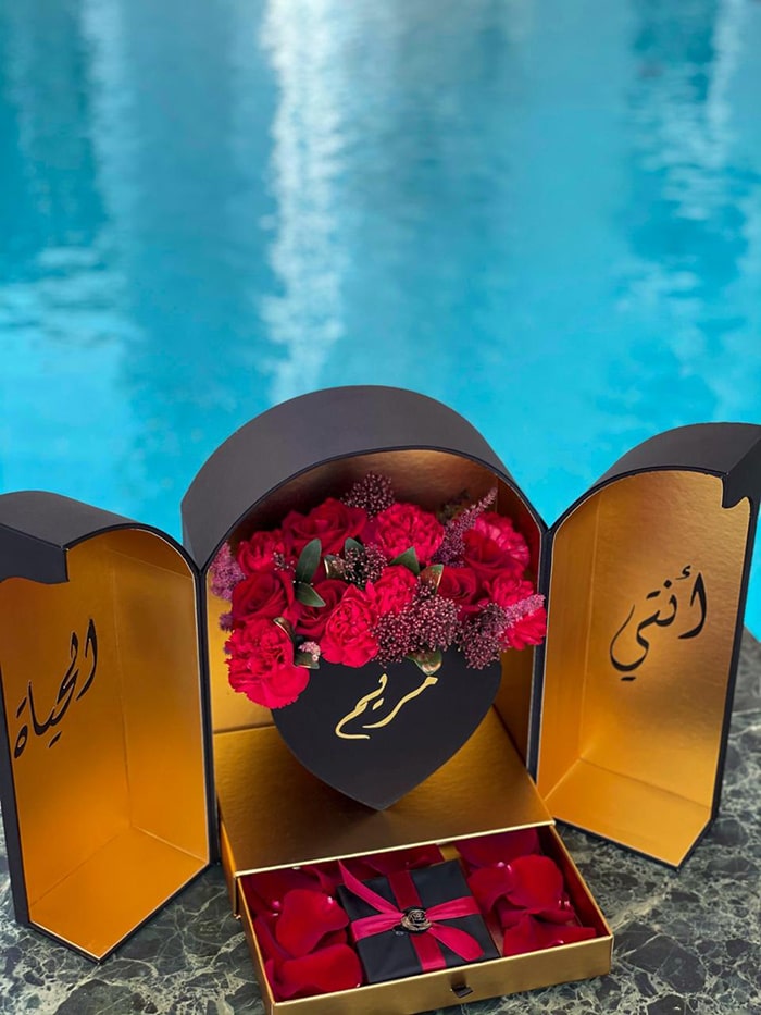 Red Roses in a Box with a Gift and Custom Stickers