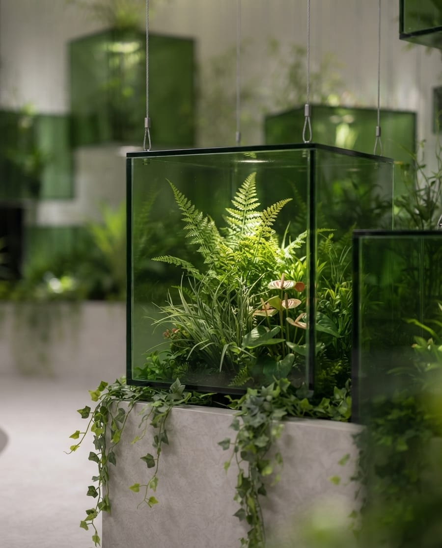Hanging glass terrarium planters with ferns and greenery, corporate and hospitality landscaping by Aiwa