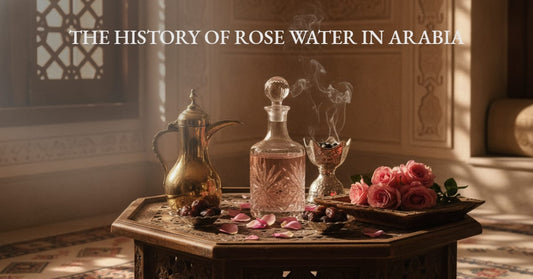 Traditional Arabic coffee pot, crystal rose water bottle, and fresh pink roses on an ornate wooden table
