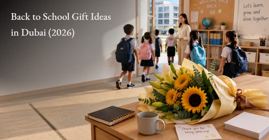 Sunflower bouquet with a thank-you note on a teacher's desk as schoolchildren walk into a classroom in Dubai for back-to-school 2026