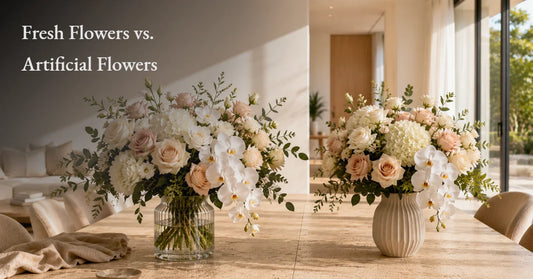 Two elegant floral arrangements of white orchids, blush roses, and hydrangeas on a dining table, comparing fresh flowers and artificial flowers