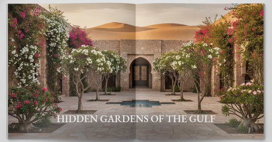 Courtyard garden with bougainvillea and desert dunes, illustrating hidden gardens of the Gulf