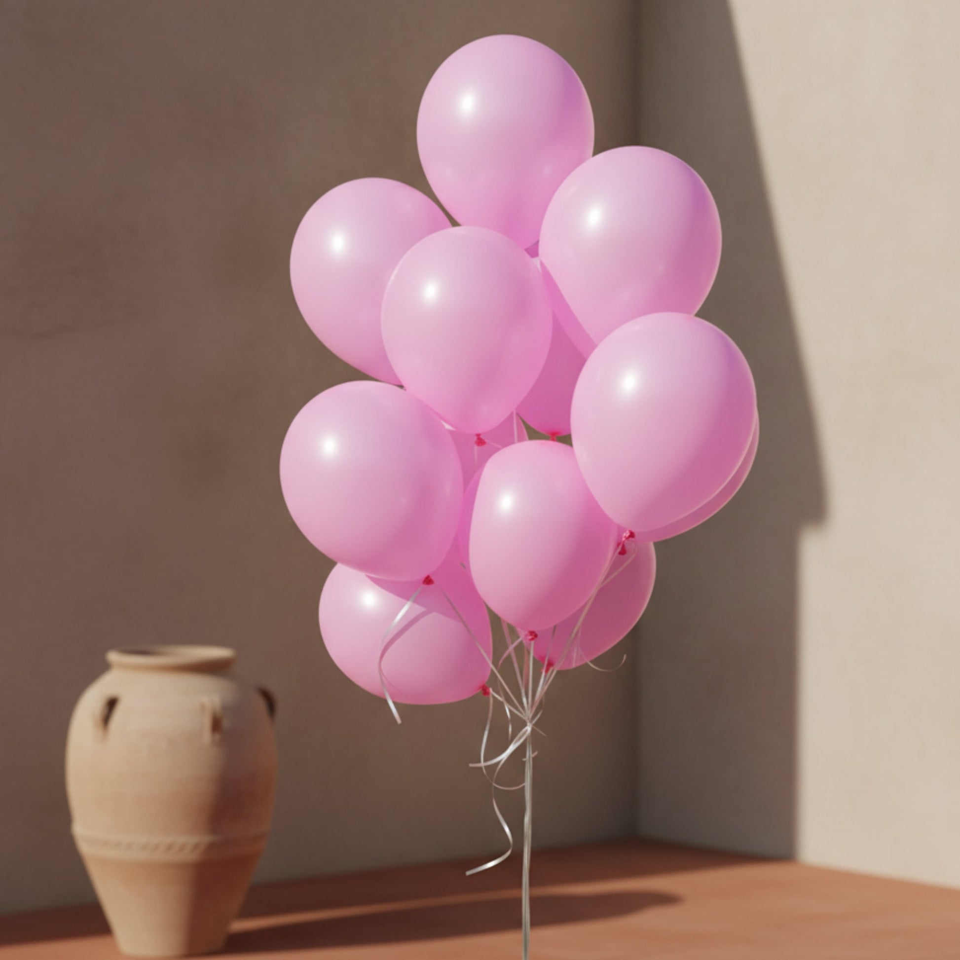 Bouquet of 10 pink helium balloons tied with ribbons