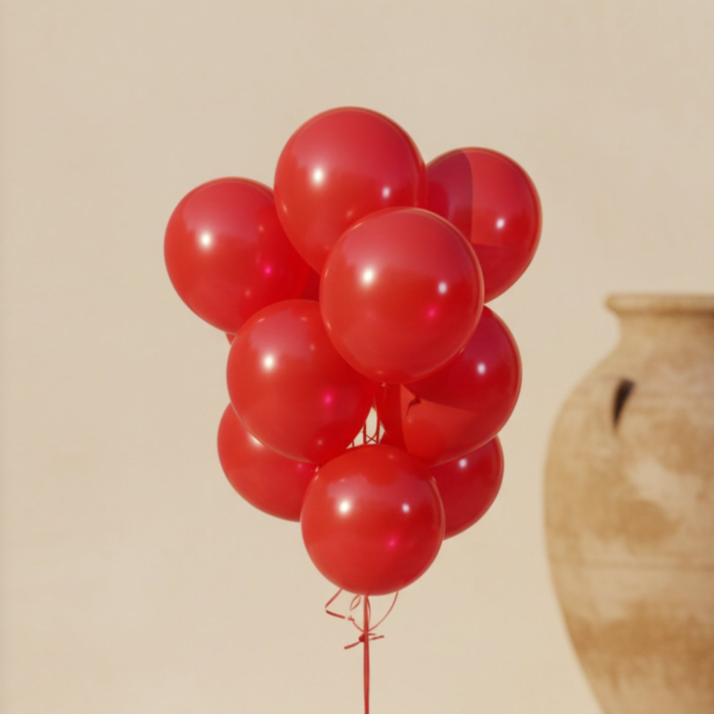 Cluster of 10 glossy red helium balloons arranged in a floating bouquet