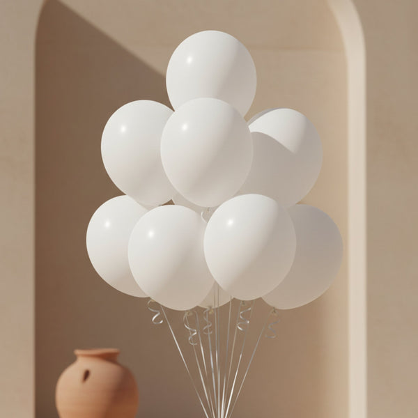 Bouquet of 10 white helium balloons tied with ribbons