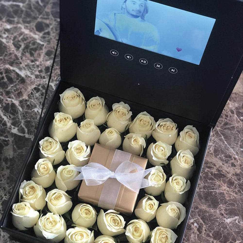 Video Box with White Roses and a Gift