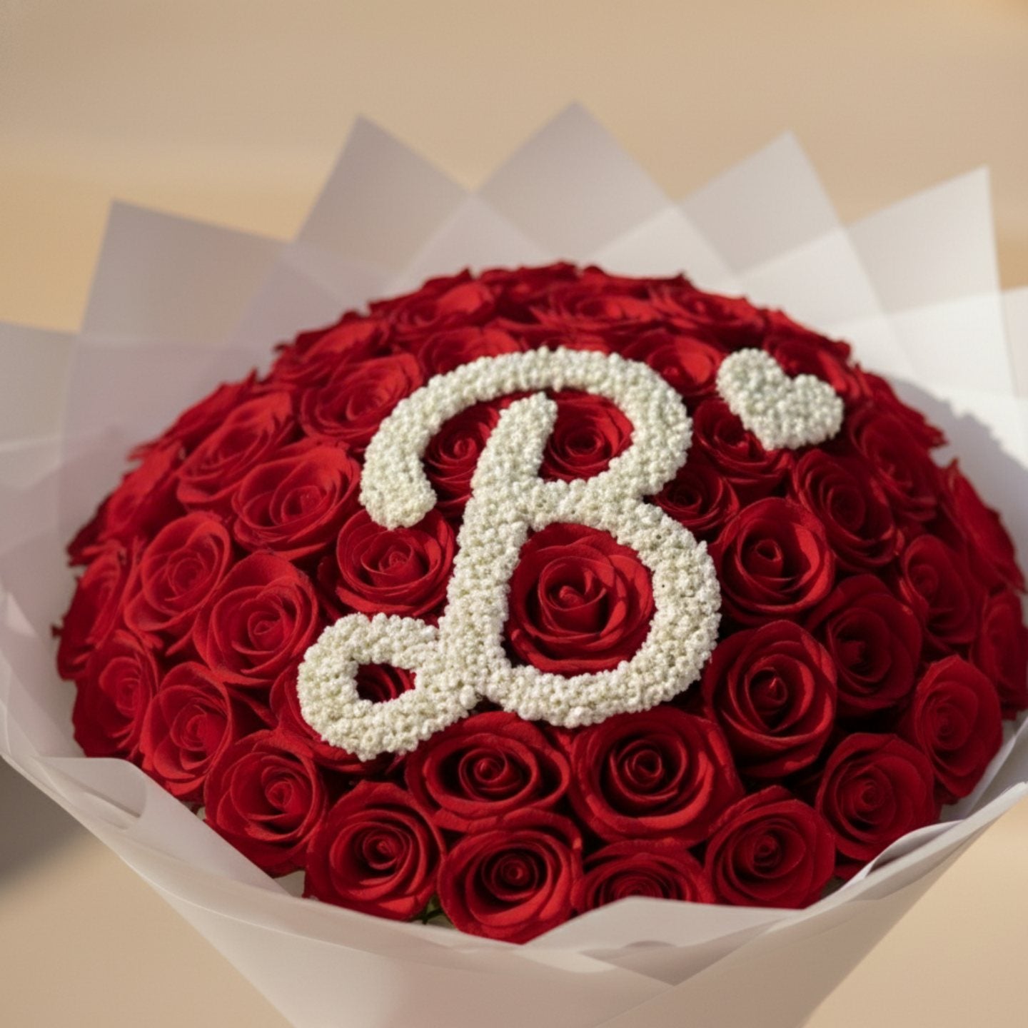 Custom initial rose bouquet with gypsophila letter and romantic design