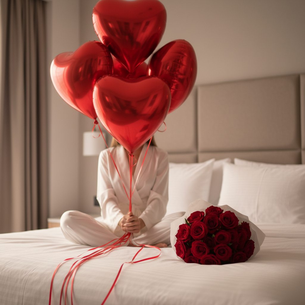 woman sitting on bed holding five red heart helium balloons with bouquet of 25 red roses romantic setup Dubai