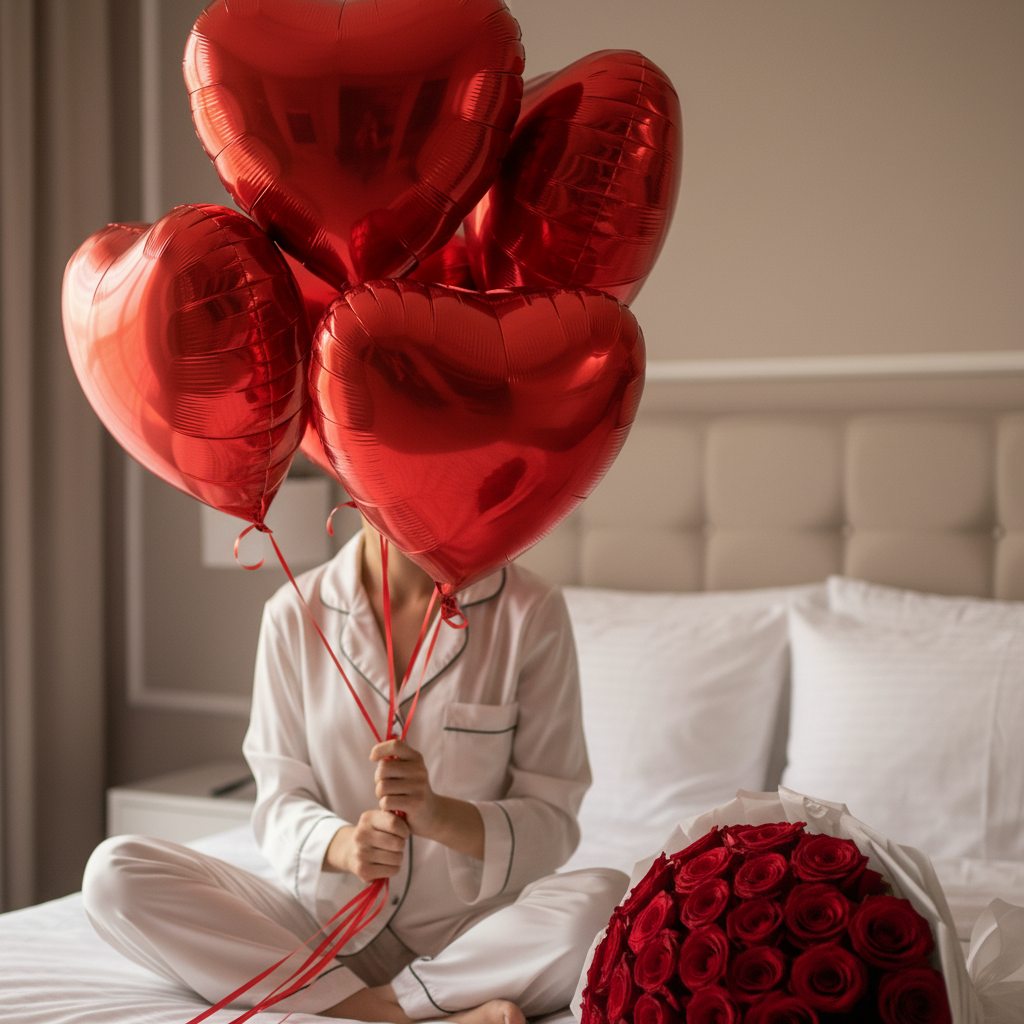five red heart helium balloons with 55 red roses bouquet on bed luxury romantic gift Dubai