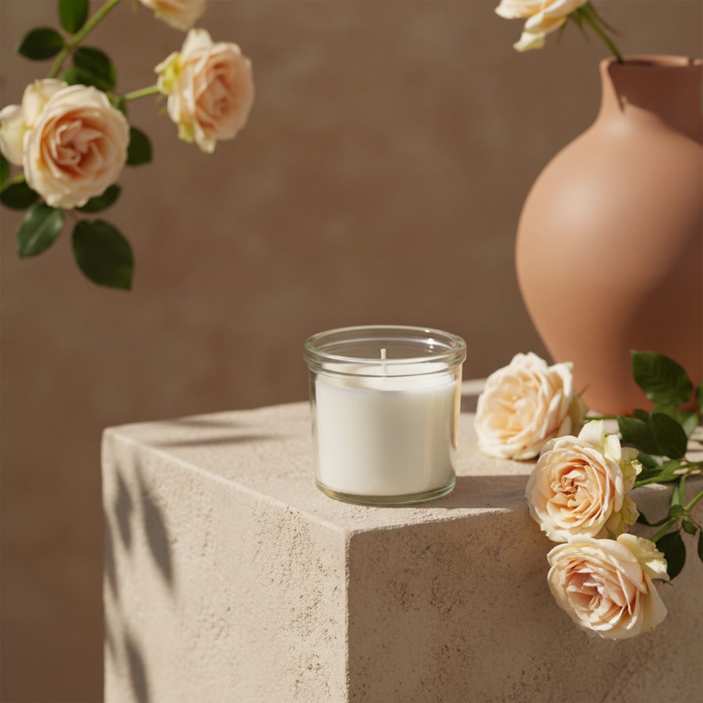 vanilla scented candle in glass light beige candle add-on gift with flowers