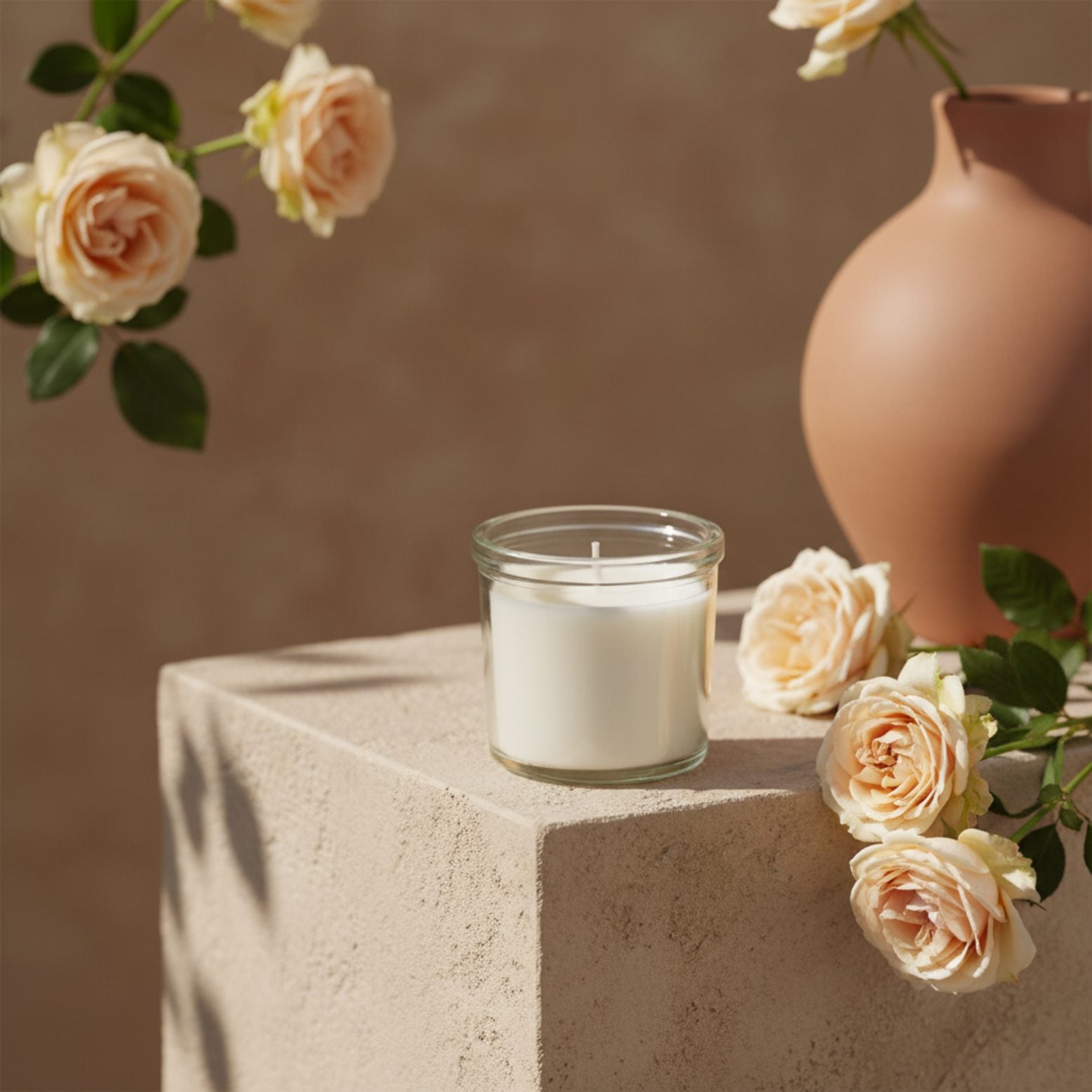 vanilla scented candle in glass light beige candle add-on gift with flowers