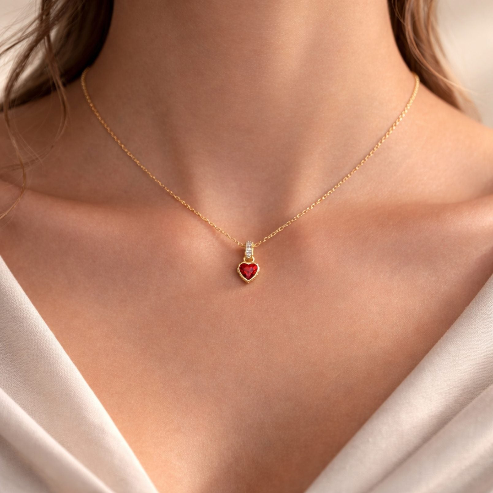 swarovski chroma red heart pendant necklace gold chain jewelry gift add-on with flowers