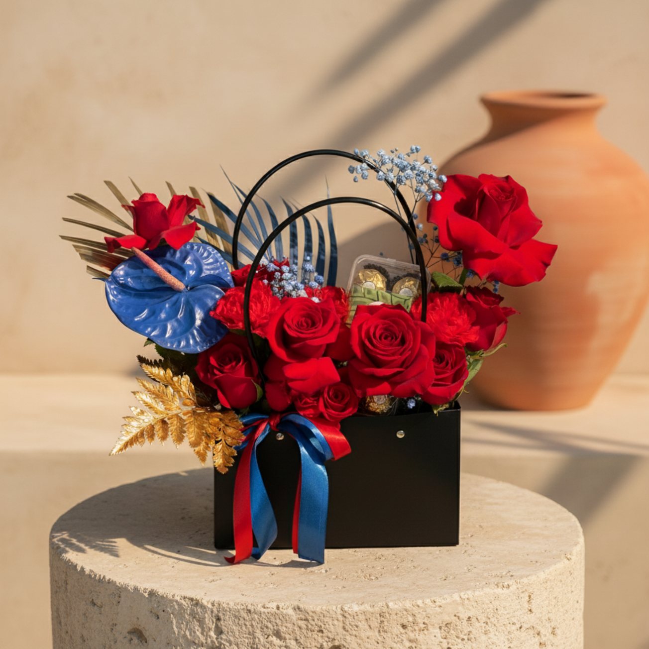 Red rose and Ferrero Rocher chocolate arrangement with blue anthurium and golden foliage in a black bag box.