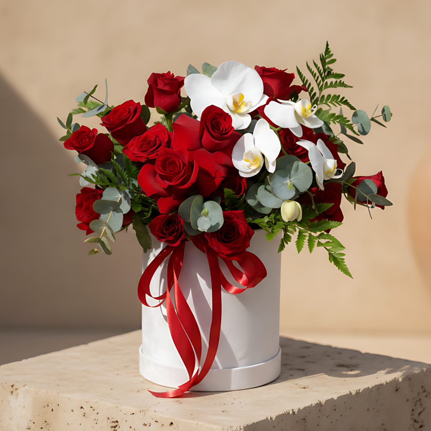 White velvet box arrangement with 25–30 red roses, white orchid stem, eucalyptus, and fern