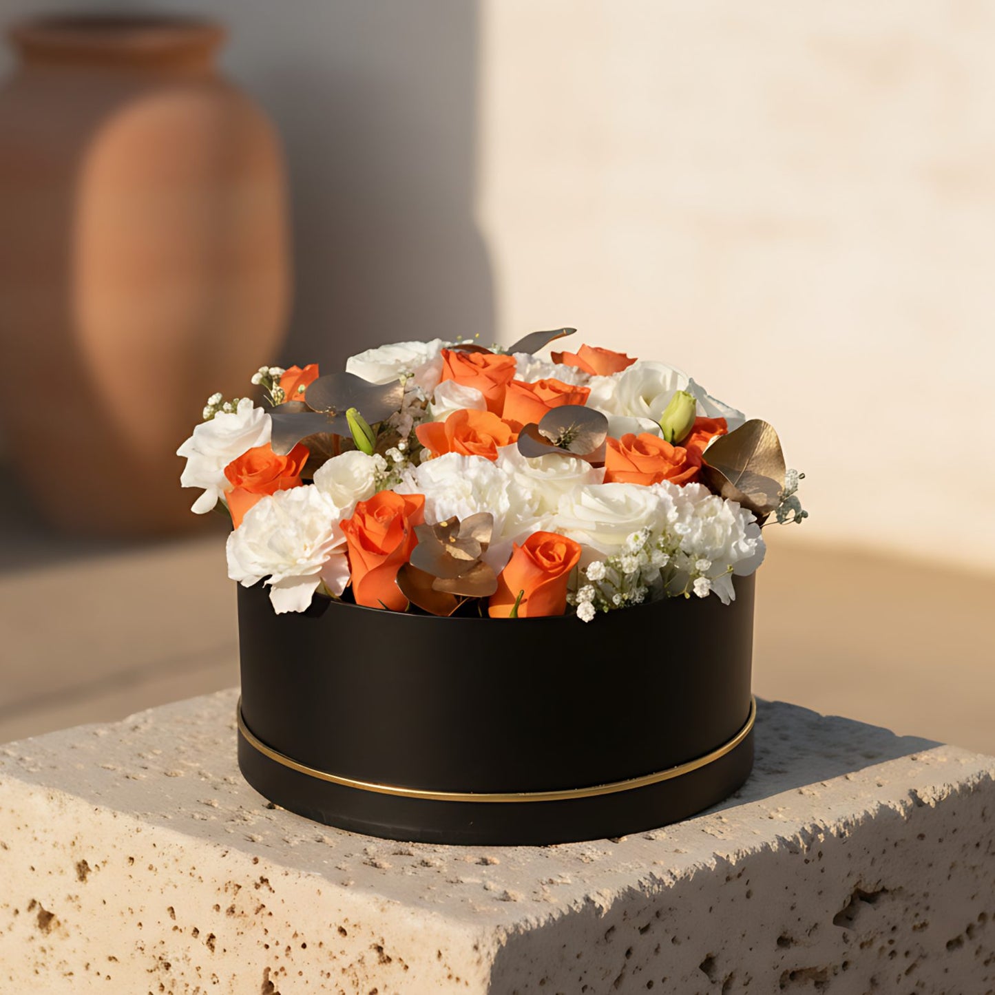Black box floral arrangement with white and orange roses, white carnations, lisianthus, gypsophila, and gold eucalyptus