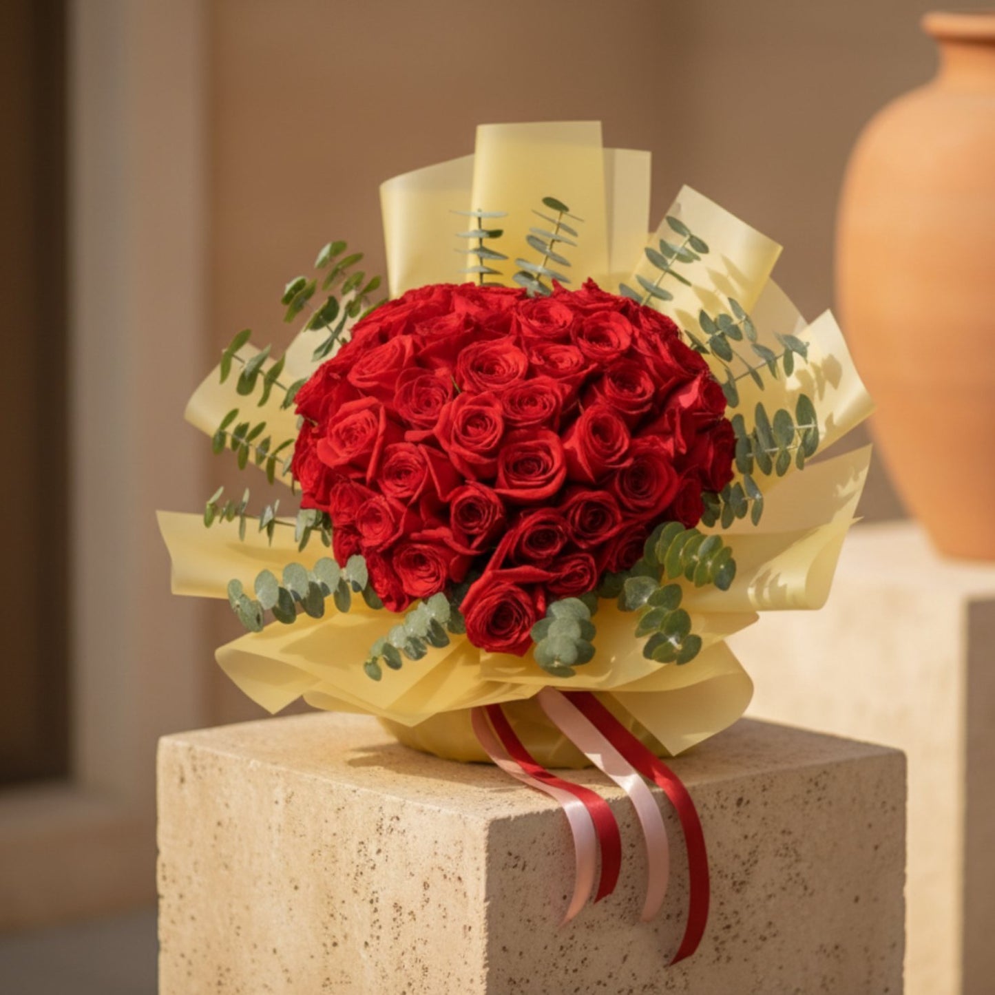 Amour heart-shaped bouquet with 40–50 red roses wrapped in gold paper with eucalyptus accents.