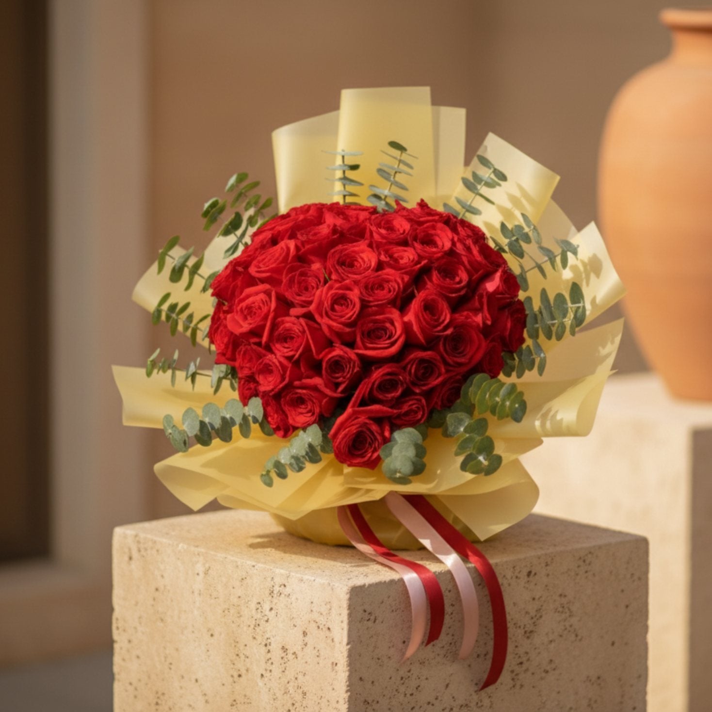 Amour heart-shaped bouquet with 40–50 red roses wrapped in gold paper with eucalyptus accents.