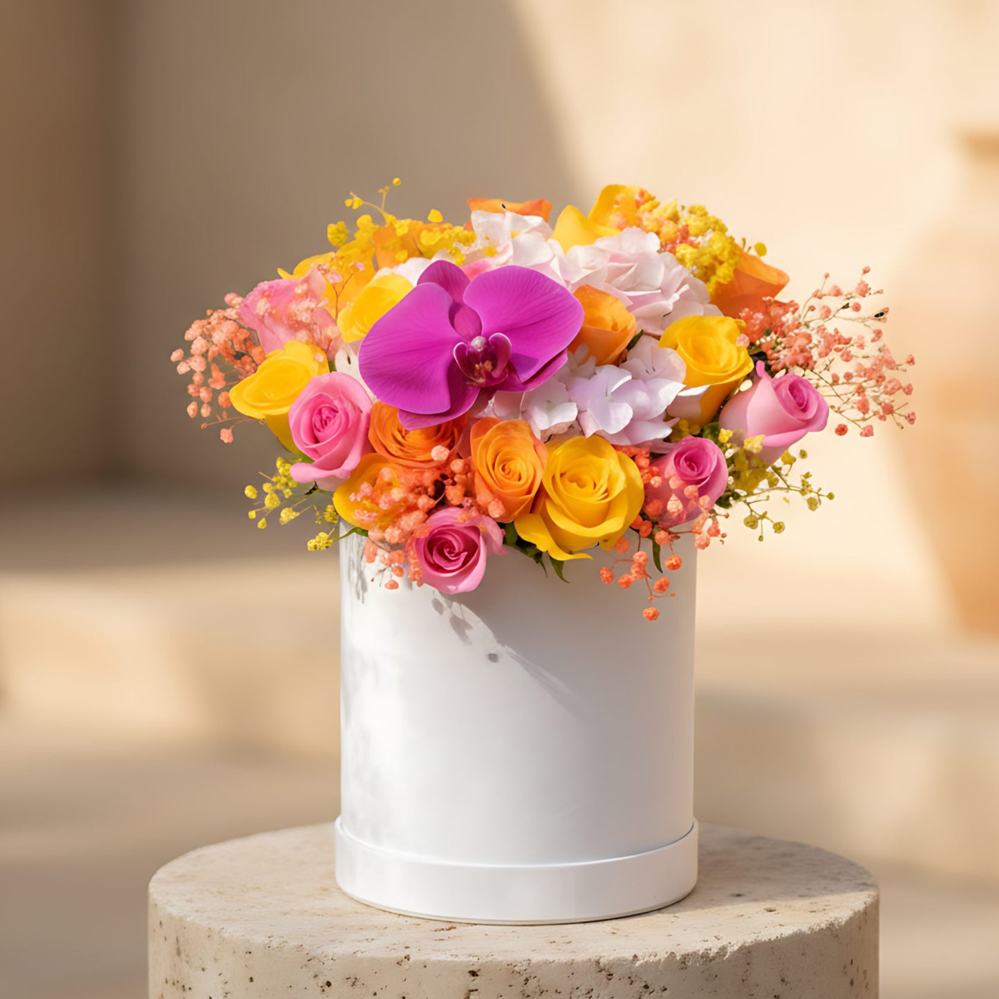 White velvet box arrangement with orange, yellow and pink roses, pink hydrangea, purple orchid, and gypsophila